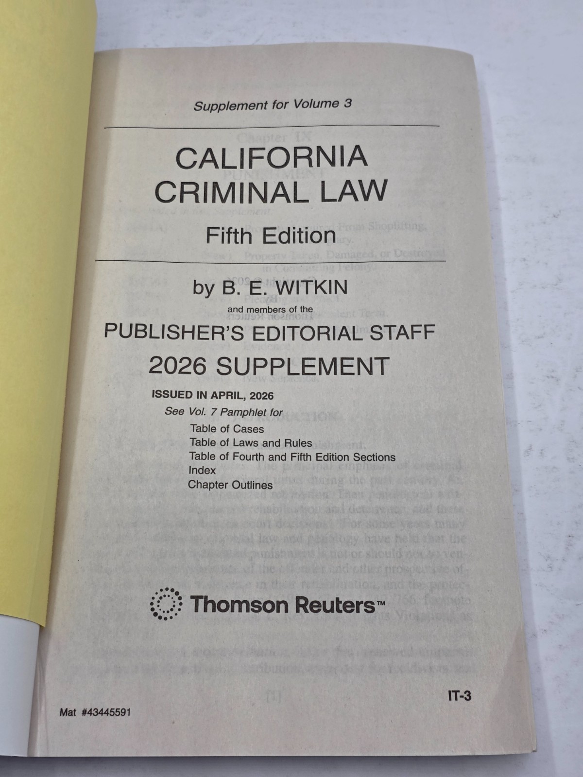 California Criminal Law 5th Edition Witkin Thomson Reuters Paperback Vol. 2-3, 5