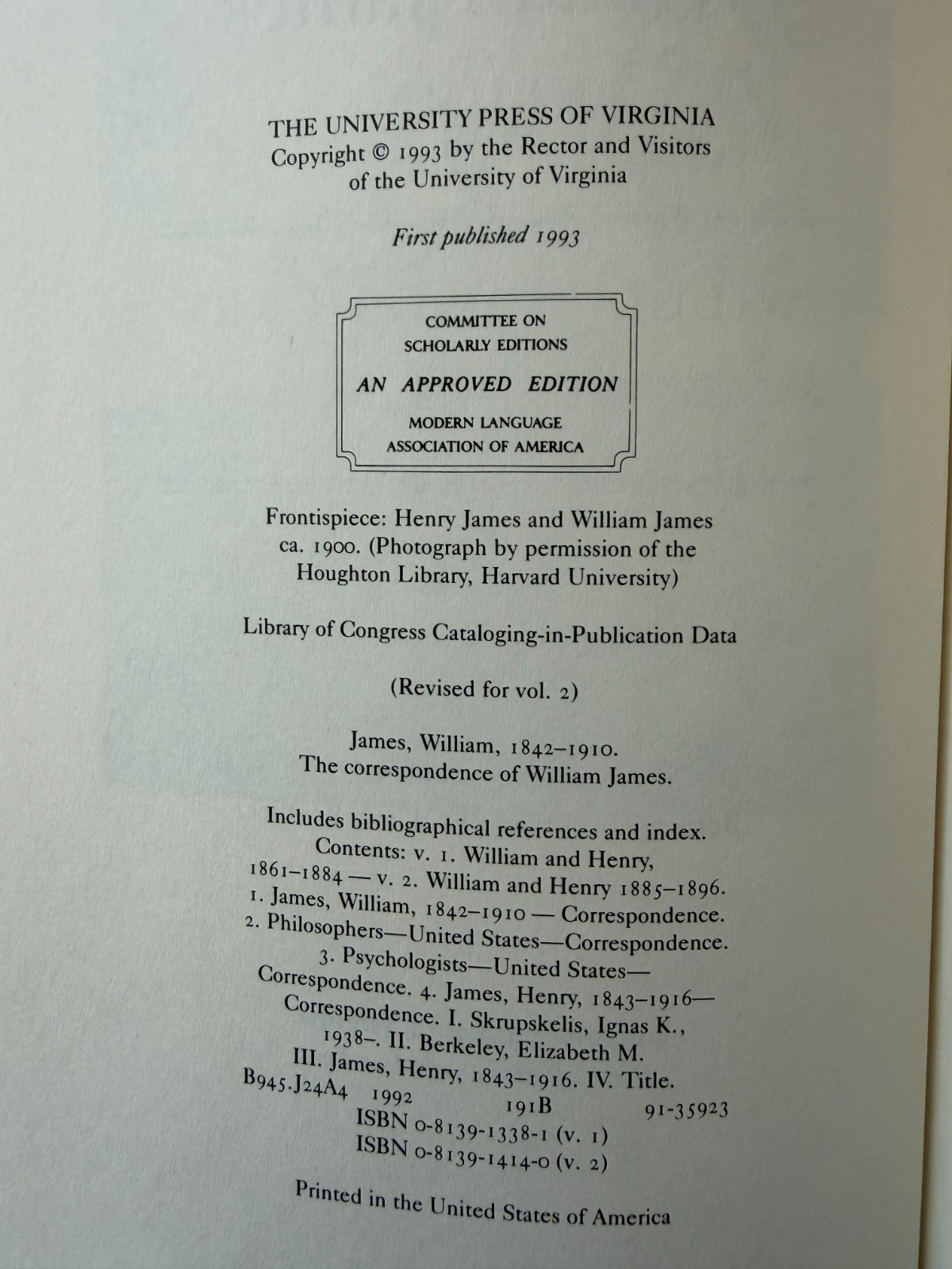 The Correspondence of William James Volumes 1 & 2 1992 HC DJ Set Lot Virginia
