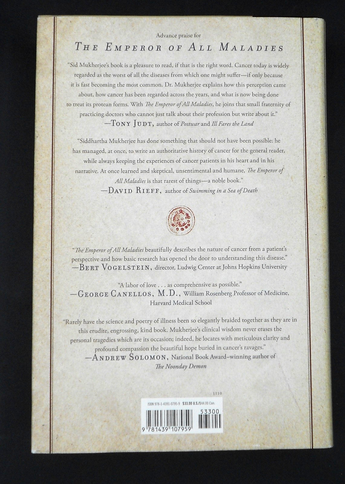 EMPEROR OF ALL MALADIES: CANCER by MUKHERJEE 2010 SIGNED 1ST HC/DJ NF PULITZER