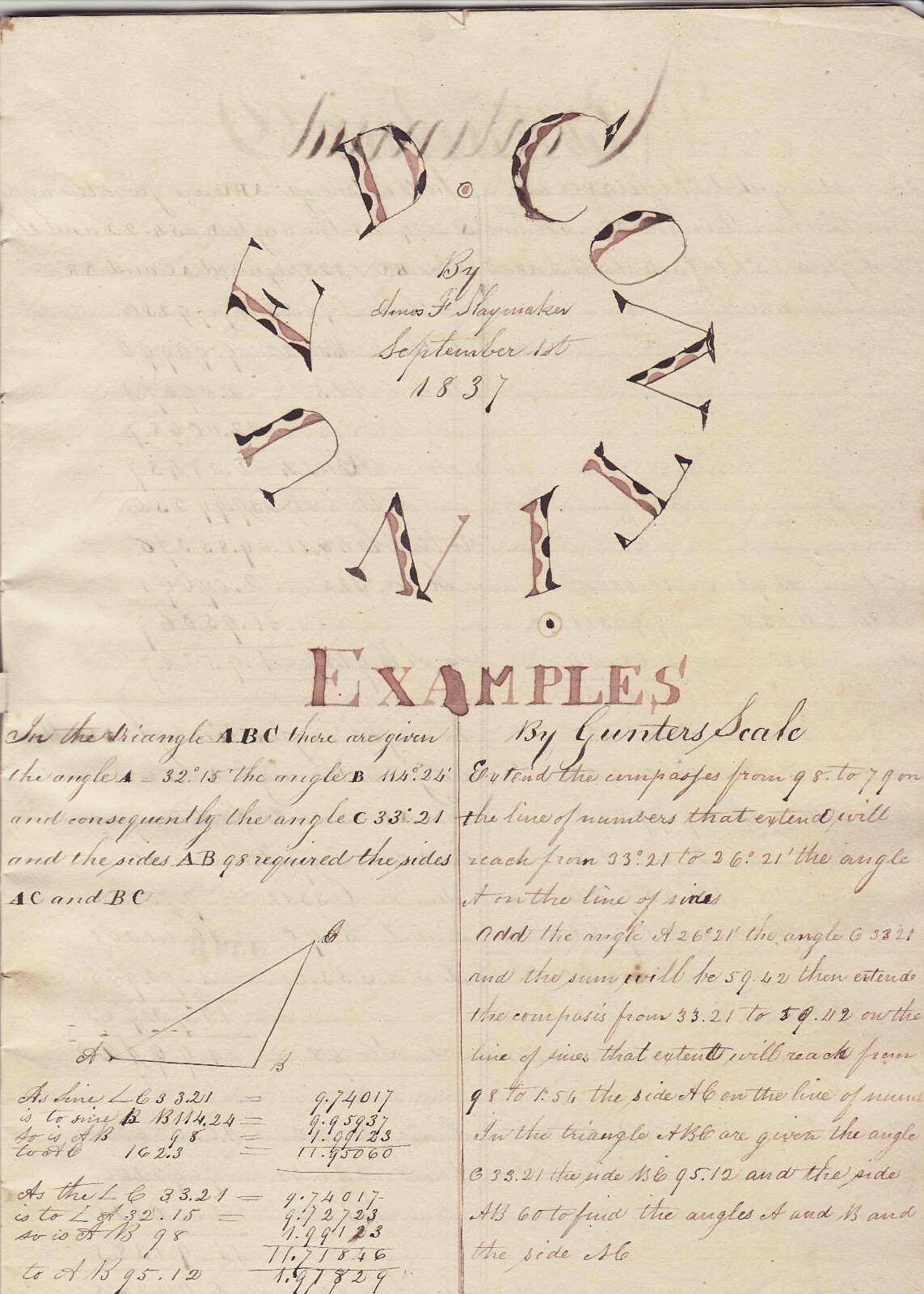 Orig 1837 Collection of Handwritten GEOMETRY PROBLEMS in SURVEYING – 28 pages
