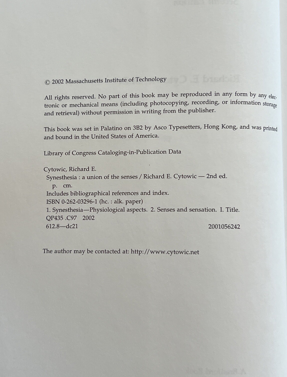 Synesthesia by Richard E. Cytowic, M. D. HB/DJ 2002 Second. Edition