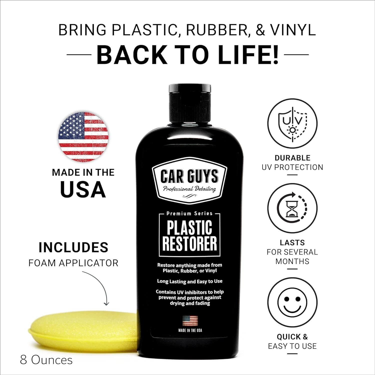 8 Oz Non-Oily Plastic and Vinyl Restorer — Durable Shine with Foam Applicator